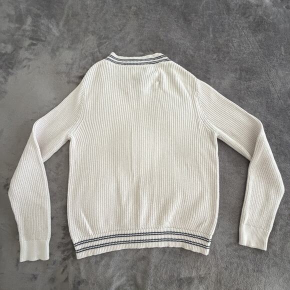 Stafford White Chunky-Knit Cotton Pullover Sweater V-Neck Striped Trim Men's M - Picture 2 of 5